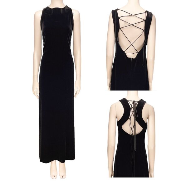 ALGO Velvet 90’s Vintage Gown High Neck Luxury Goth Minimalist Black Dress sz 14 - Picture 1 of 10